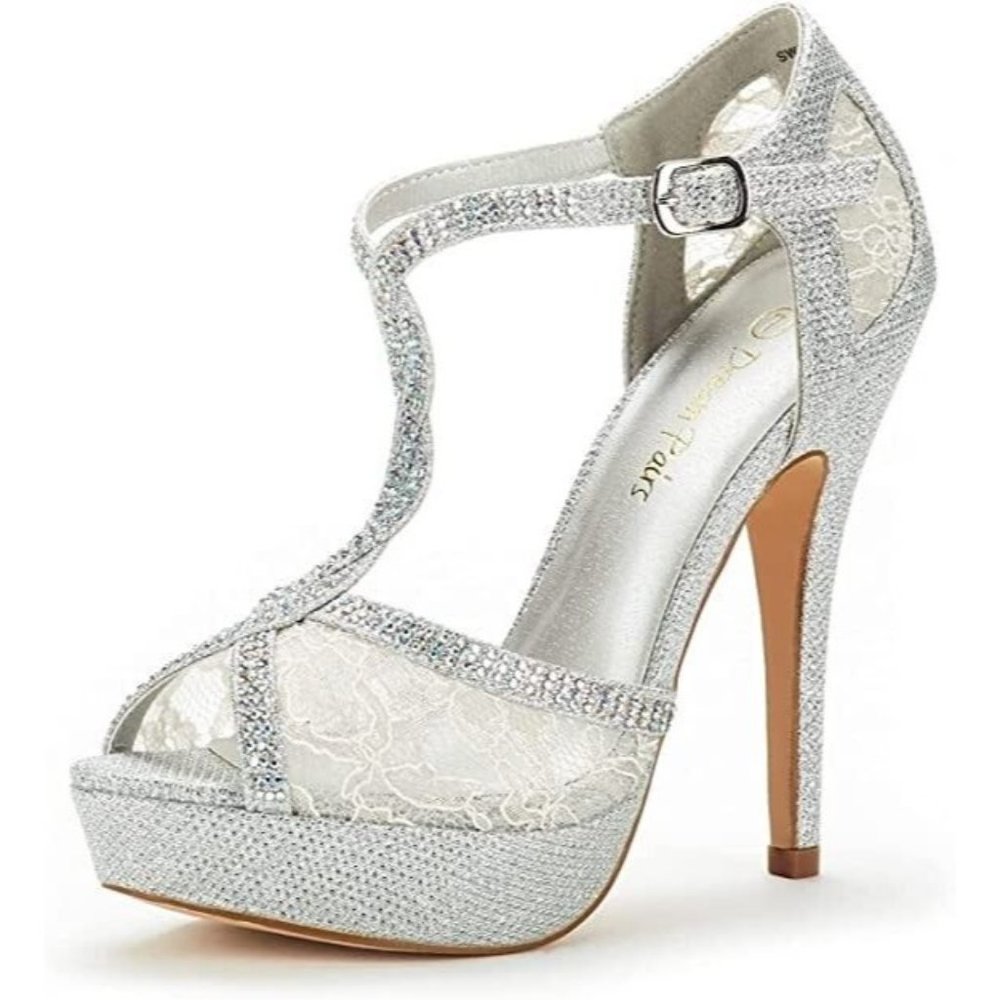 Dream Pairs Swan Silver Rhinestone Lace Stiletto Heels Open Toe US 8 worn once